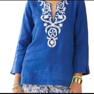Lilly Pulitzer Royal Blue 100% Linen Tunic with White Embroidery
